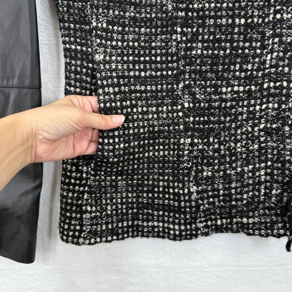 Vince Tweed Leather Moto Jacket Black White Fringe Womens Size M - Picture 6 of 10